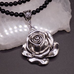 Sterling Silver Necklace, Onyx Necklace, Mini Rose Pendant