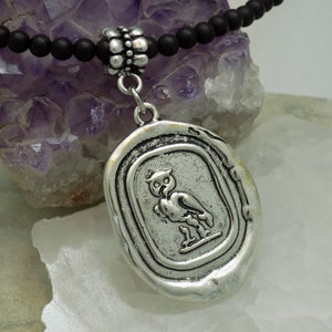 4mm Black Onyx Stone Bead and Antique Silver Wax Seal Owl Pendant Necklace, Wise owl bird of prey necklace, Bird lover gift, Nature gift