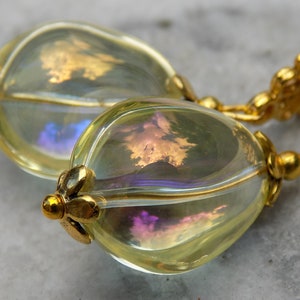 Yellow and Rose Aurora Borealis Glass and Antique Gold Dangle Filigree Earrings with French, Lever back, or Clip-on Hooks