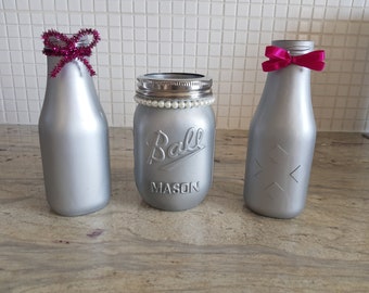 Gray Painted Bottle Vases, Set Of Two, Wedding, Decoration, Modern, Flowers