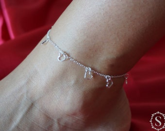 925 Sterling Silver Anklet Bracelet, For Women, Foot Jewelry, Adjustable Anklet Bracelet, One Chain, Star Pendant, Heart Pendant