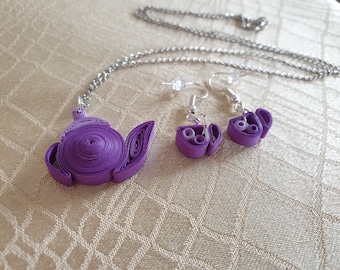 Purple Set Necklace And Earrings, Quilling Jewelry, Teapot And Cups Of Tea, Paper, Gift for her, Handmade, Sister, Wife