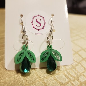 Earrings Tears With Zircon, Quilling Earrings, Handmade Paper Earrings, Drop Earrings. Elegant Jewelry, Wife, Girl, Beauty, Gift Green