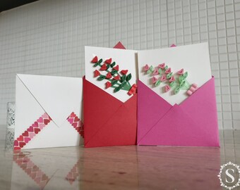 Quilling Card, Greeting Card, Handmade, Women's Day, Birthday, Wife, Girlfriend, Mom, Gift, For Her, Bouquet Flowers, Roses, Pink, Red