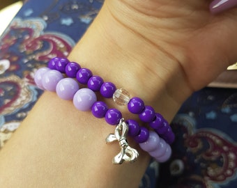 Elastic Bracelet With Purple Pearls,Jewelry, Woman Bracelet, Gift Idea, Handmade, Pendant Bow Tie, Girls, Purple