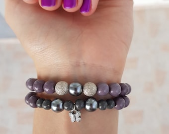 Elastic Bracelet With Gray Pearls,Jewelry, Woman Bracelet, Gift Idea, Handmade, Pendant Butterfly, Girls