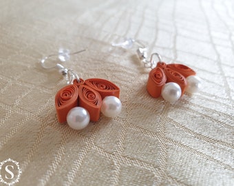 Quilling Earrings, Handmade Paper Earrings,White Pearls, Flower Earrings, Floral Earrings, Drop Earrings, Jewelry, For Her, Wife, Girl