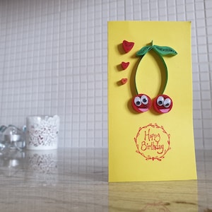 Quilling Card, Greeting Card, Handmade, Happy Birthday, Wife, Girlfriend, Mom, Roommate, Best Friend, Fruits, Gift, For Her, Cherries, Red