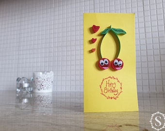 Quilling Card, Greeting Card, Handmade, Happy Birthday, Wife, Girlfriend, Mom, Roommate, Best Friend, Fruits, Gift, For Her, Cherries, Red