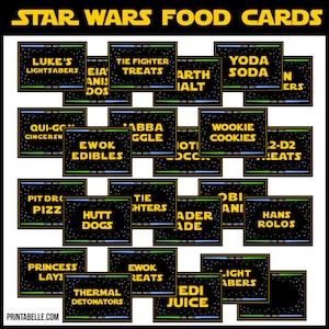 24 Etiquetas de cartões de comida para festa Star Wars para impressão - Cartões de tenda pré-preenchidos (NÃO editáveis) - DOWNLOAD INSTANTÂNEO - Arquivos PDF