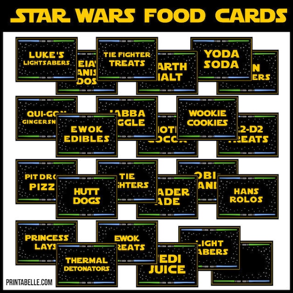 42 Star Wars Printable Party Food Card Labels - 42 Prefilled Tented Cards (NOT Editable) - INSTANT DOWNLOAD - Pdf Files
