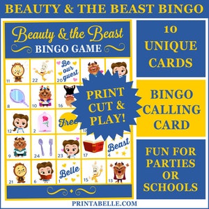May include: A blue and yellow printable bingo card featuring characters from the Disney movie Beauty and the Beast. The card has 25 squares with images of Belle, Beast, Mrs. Potts, Lumiere, Cogsworth, and other characters. The card also includes the text "Beauty & the Beast Bingo Game" and "Print Cut & Play!"
