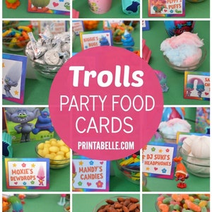 18 Trolls-geïnspireerde, voorgevulde, afdrukbare voedselkaartlabels voor feestjes - met GRATIS extra's!  INSTANT DOWNLOAD - PDF-afdrukbare bestanden