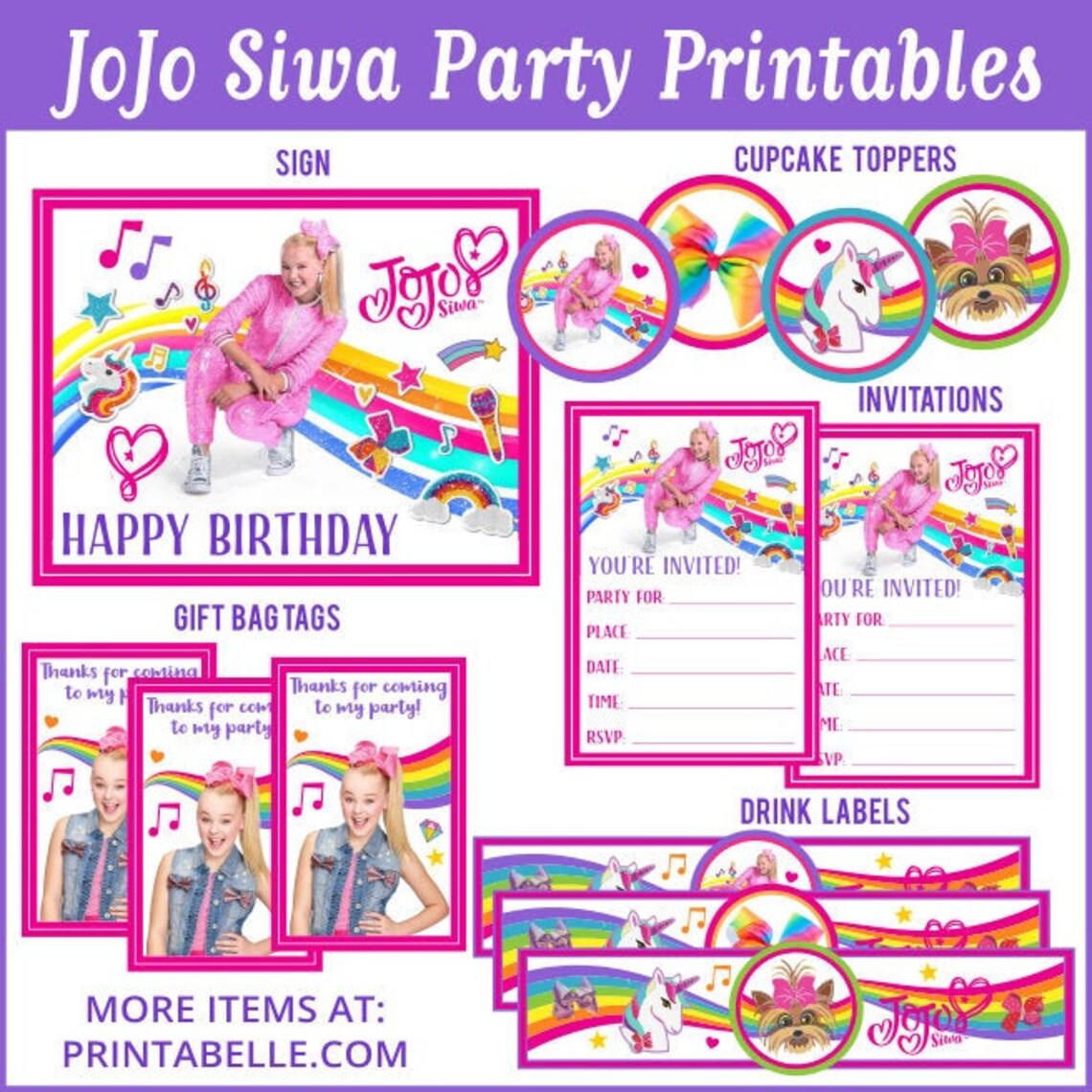 Jojo Siwa Party Printable Set Sign, Cupcake Toppers, Favor Tags and