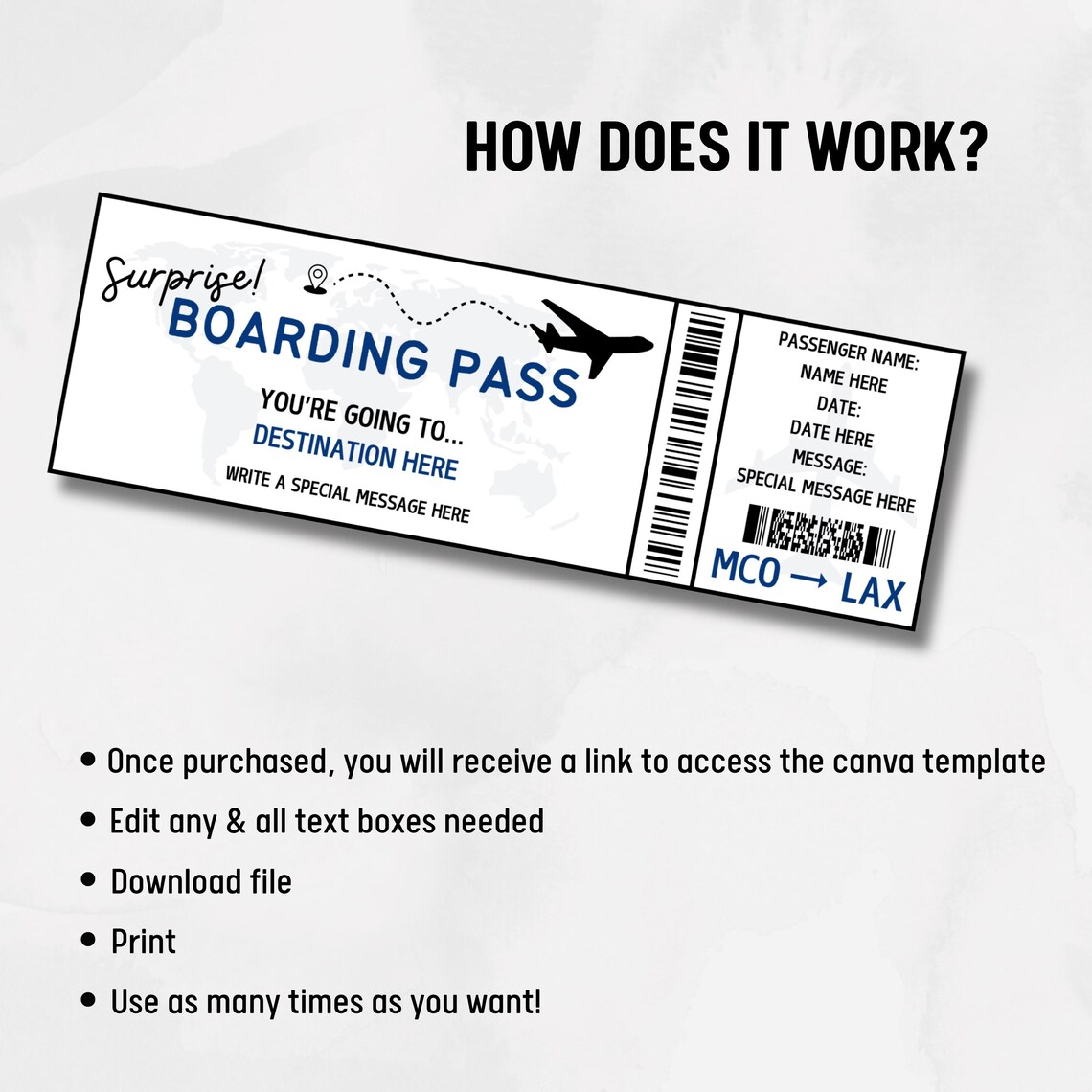 Editable Boarding Pass Plane Ticket Template Surprise Reveal Souvenir