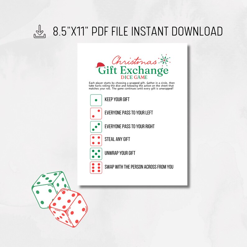 Christmas Dice Gift Exchange Printable Instant Download Holiday Present ...