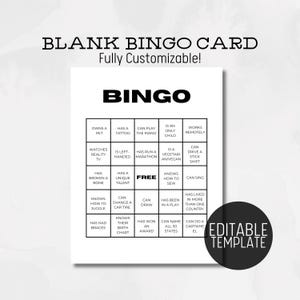 May include: A black and white bingo card with the word "BINGO" in large letters at the top. The card is divided into a 5x5 grid with the center square labeled "FREE". Each square contains a different activity or characteristic, such as "owns a pet", "has a tattoo", "can play the piano", "is an only child", and "works remotely". The card is labeled "Editable Template" at the bottom.