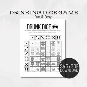 Op de afbeelding: Zwart-witte printbare drink dobbelsteen spel met instructies. Het spelblad heeft een raster met 6 dobbelstenen en 36 verschillende acties om uit te voeren. De tekst op het blad luidt "Drinking Dice Game Fun & Easy! Drunk Dice".