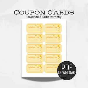 May include: Printable coupon cards with a yellow background and gold stars. The text "REDEEM FOR" is printed on each card.