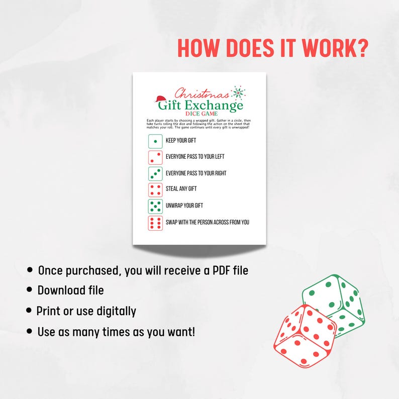 Christmas Dice Gift Exchange Printable Instant Download Holiday Present ...