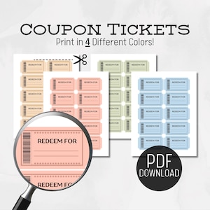 May include: Printable coupon tickets in four different colors: beige, light green, light blue, and pink. Each ticket has the text "Redeem For" and a barcode. The tickets are designed to be cut out and used for promotions or giveaways.