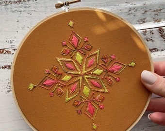 6" Mid-Century Modern Inspired Variegated Floss Snowflake Embroidery Hoop
