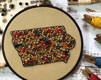 6" Fully Beaded and Embroidered Iowa Hoop Art