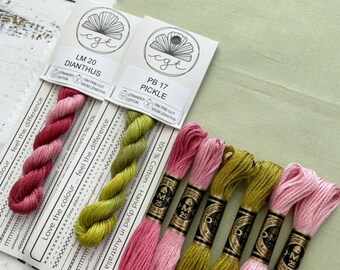 Cherry/Pink/Green Embroidery Floss & Fabric Stitch Pack, Cotton Fabric, Embroidery Thread