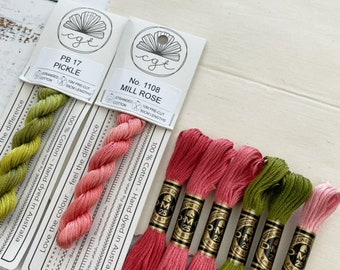 Pink/Green/Beige Embroidery Floss & Fabric Stitch Pack, Cotton Fabric, Embroidery Thread