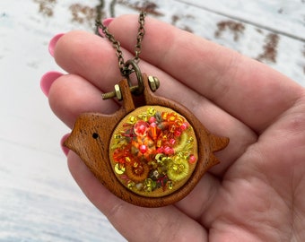 2" Lime, Orange, Hot Pink, Brass and Warm Gray Embroidered and Beaded Cherry Bird Pendant Necklace