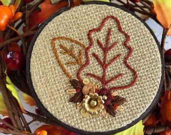 3" Fall Leaves Embroidery with Beaded Floral Bouquet