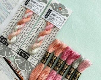 Mint/Coral/Pale Pink Embroidery Floss & Fabric Stitch Pack, Cotton Fabric, Embroidery Thread