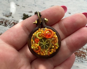 1" Lime, Orange, Brass & Yellow Embroidered and Beaded Walnut Embroidery Hoop Pendant Necklace