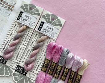 Gray/Pink/Beige Embroidery Floss & Fabric Stitch Pack, Cotton Fabric, Embroidery Thread