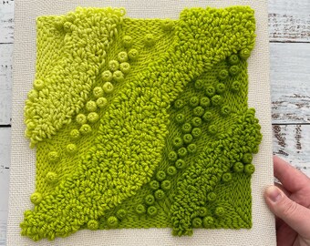 10 x 10” Lime to Green Ombré Punch Needle Merino Wool Mounted on Frame Embroidery Art