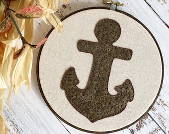 6" Brass Sequin Filled Anchor Embroidery Hoop Art