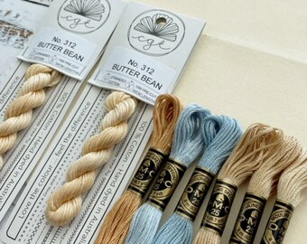 Butter Yellow/Pale Blue Embroidery Floss & Fabric Stitch Pack, Cotton Fabric, Embroidery Thread