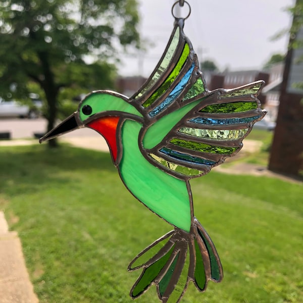 Ruby Throated Hummingbird Stained Glass Suncatcher