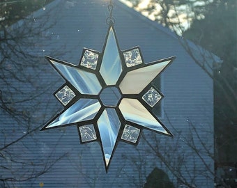Wispy White Snowflake Stained Glass Suncatcher/Ornament