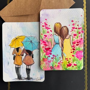 Carte postale aquarelle originale Oeuvre de soeurs ukrainiennes Carte fait main Cadeau Art ukrainien Oeuvre d'art cadeau pour ses soeurs