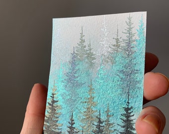 Original ACEO painting of Forest Set of two original ACEO painting Mother-of-pearl watercolor painting Wall decor Wall art ACEO  Gift