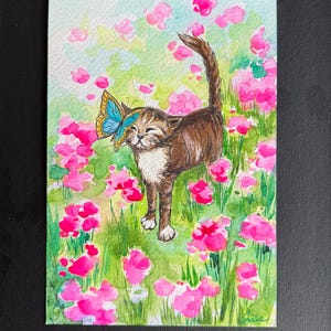 Kat in bloemen Origineel aquarelschilderij Kunst aan de muur Muurdecor Cadeau voor haar Verjaardagscadeau Wenskaart