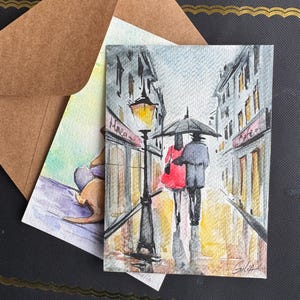 Cartões postais pintados à mão Cartão original Arte em preto e branco Cartões de casal Pintura em aquarela de rua Presente para ele Presente para ela