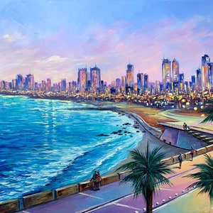 Tel Aviv oil painting Print Digital download Israel Artwork Tel Aviv art Wall decor Gift Coast Tel Aviv Print wall Art