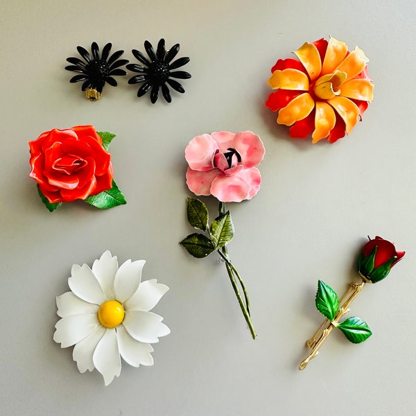 Vintage Enamel and Metal Flower Brooches- Individually Sold