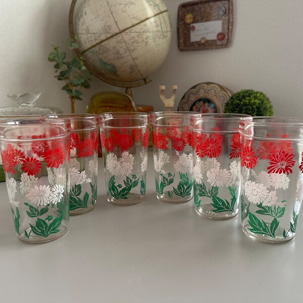 Set of 6 Vintage Hazel Atlas Red and White Floral Drinking glasses