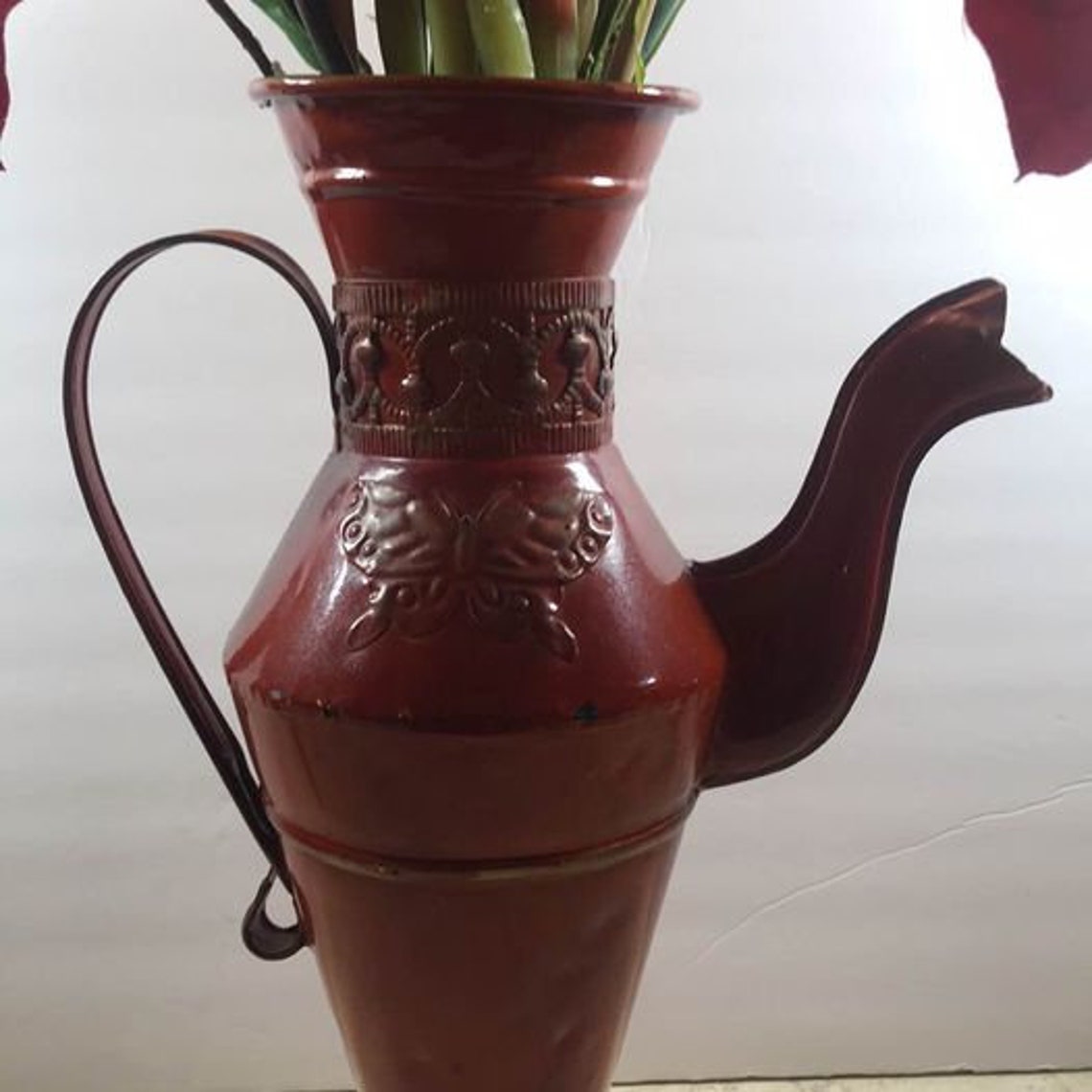 Vintage Metal Pitcher Shaped Vase With Artificial Flowers 14 Etsy