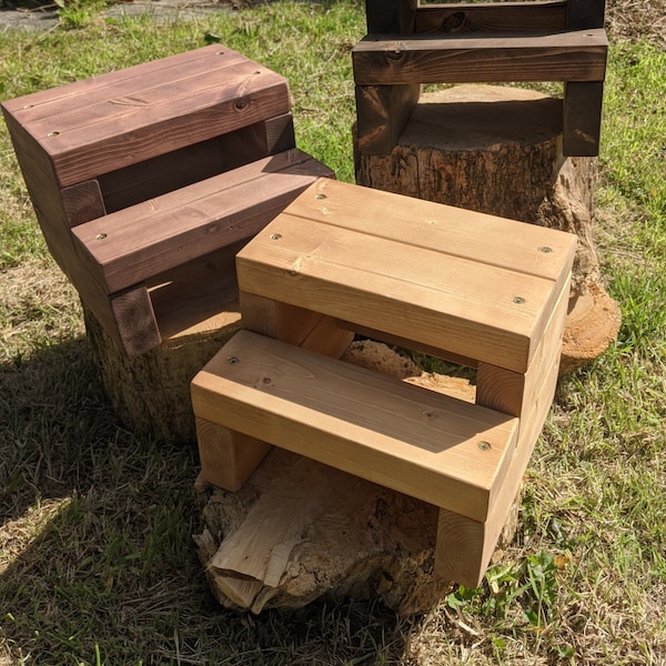 Handmade Solid Wooden Step Stool - Rustic - Solid Wood - Robust - Stong - Plant Stand - Rounded Edge