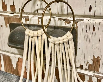 White Tassel Leather Hoop Earrings