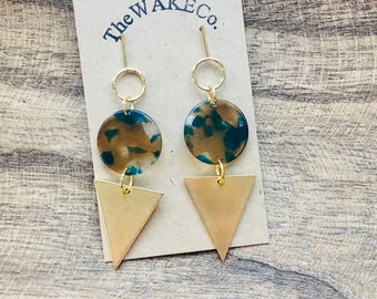 Gold and green earrings, Statement Earrings, Triangle Earrings